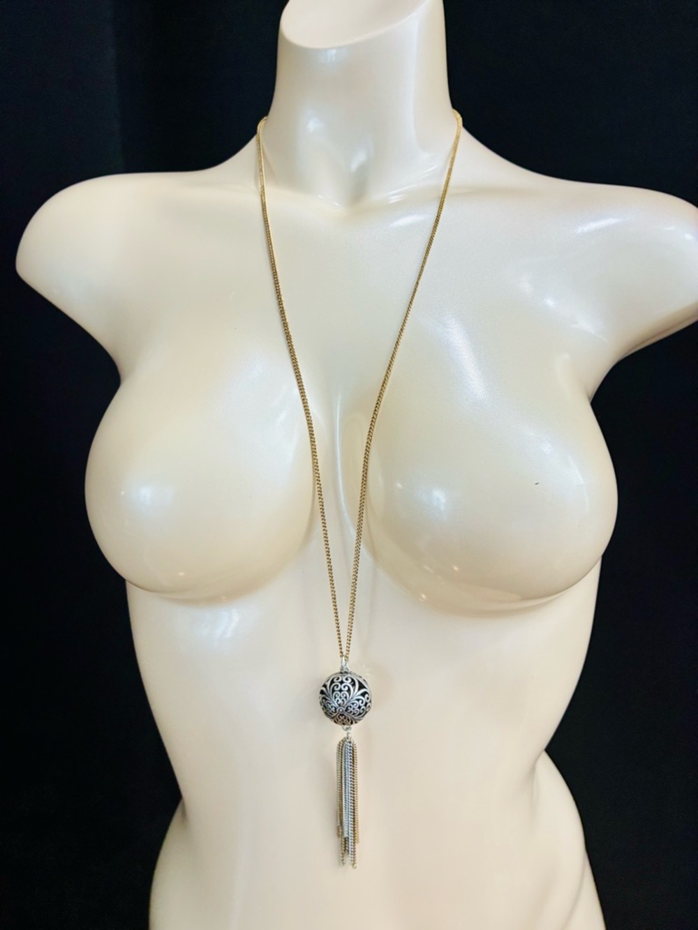 Y2K Lucky Brand Long Gold Pendant Necklace with Filigree Ball and Tassel